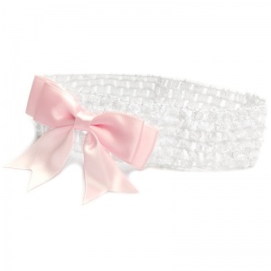 Baby Girls White Crochet Headband with Baby Pink Satin Bow